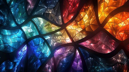 A colorful, abstract image of a stained glass window with a rainbow of colors