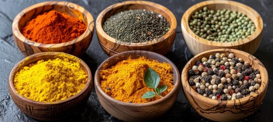Assorted gourmet spices and seasonings in wooden bowls on dark background for culinary enthusiasts