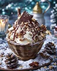 Delicious ice cream with chocolate flake on snowy background in festive atmosphere