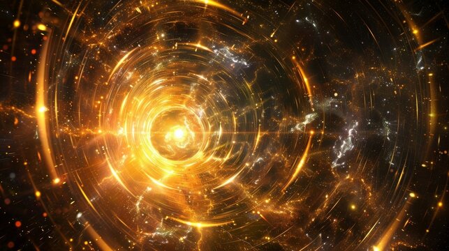 A shimmering orb surrounded by concentric rings of energy represents the gravitational pull and unification of matter in the early universe.