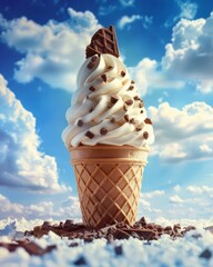 Delicious ice cream with chocolate flake in a serene blue cloudy sky, perfect summer treat