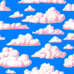 Pixel art cloud. Seamless pattern. 8 bit objects. Art, digital icons. Retro assets. Vintage game style. Set of characters. Vector illustration.