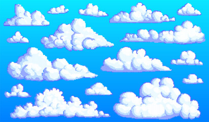 Pixel art cloud. 8 bit objects. Art, digital icons. Retro assets. Vintage game style. Set of characters. Vector illustration.