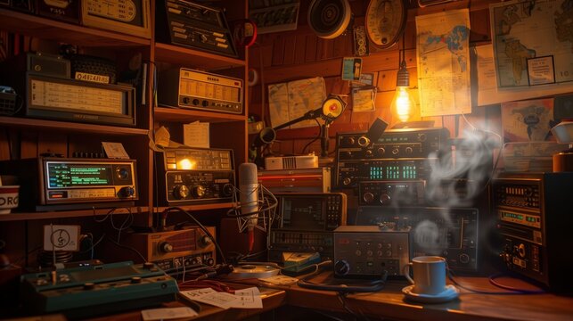 A cozy room with vintage ham radios glowing softly. Shelves of QSL cards, old maps on walls, coffee by a mic.