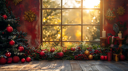 Realistic Christmas Scene with Empty Canvas Backdrop and Banner-Ready Frame