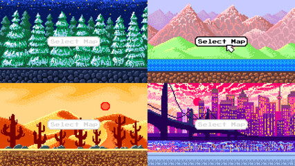 Modern city. Mountains. Cacti in the desert. Christmas trees. Pixel art 8 bit objects. landscape background for the application or a website. Retro game, Vintage banner for computer video arcades.