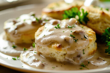 Biscuits and Gravy with Fresh Parsley Garnish on a White Plate