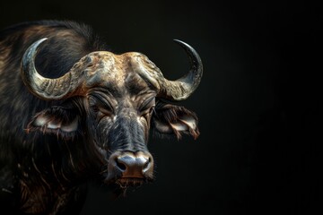 Naklejka premium Mystic portrait of African Buffalo, copy space on right side, Anger, Menacing, Headshot, Close-up View Isolated on black background