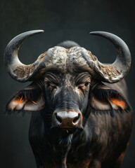 Naklejka premium Mystic portrait of African Buffalo, copy space on right Isolated on black background