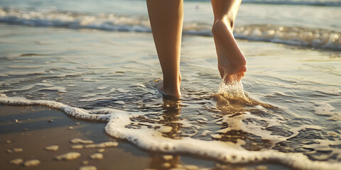 Closeup back view photograph of woman walking barefoot along a beautiful beach