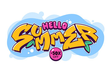 Hello Summer text in graffiti style for banner or poster design. Summer sale title. Isolated on abstract blue bubble background. Ideal for hot season offers, promo, ad. Vector illustration.