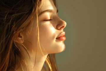 Fototapeta premium A close up of a woman's face with her eyes closed looking to a side