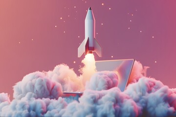 Fototapeta premium 3D Rendered Rocket Launching from Laptop Screen with Explosion