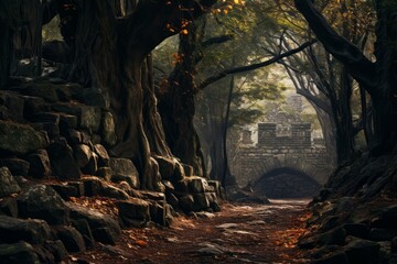 Enduring Stone road forest. Summer nature path. Generate Ai