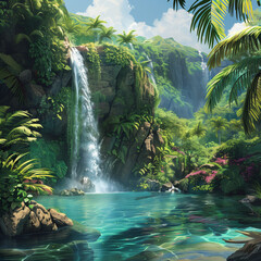 A hidden waterfall cascading down a verdant cliff into a crystal-clear pool, surrounded by a lush...