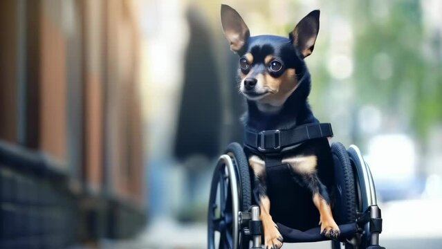 A determined small dog in a wheelchair, embodying resilience and courage. This image inspires strength, hope, determination, and overcoming obstacles, symbolizing adaptability and hope.