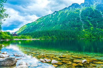 Tatra National Park in Poland. Mountains lake Morskie oko or Sea Eye lake In High Tatras. Five...