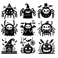 Obraz premium Vector illustration, halloween icons set of spiders for decoration