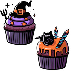 Vector illustration, halloween pumpkin cupcake with skulls, bats, hats