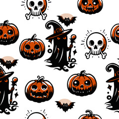 Vector illustrarion, seamless halloween pattern with ghosts, skulls and evil pumpkins