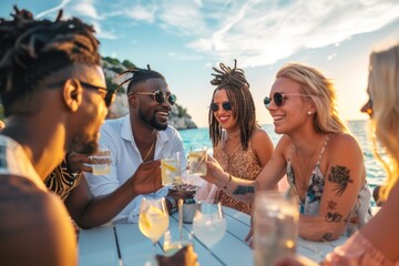 Four multiracial friends enjoy summer and toast with cocktails on a terrace overlooking the ocean - Powered by Adobe