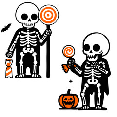 Vector illustration set of Halloween skeletons with candies 