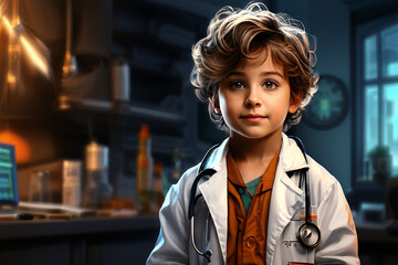 Young Child Medical Physician Doctor With Stethoscope Hopeful Aspiring Future Career Job Occupation Concept Hospital Office Backdrop