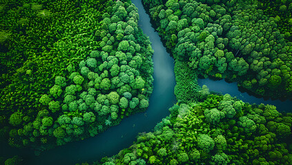 River and green forest in Tuchola natural park, aerial view
