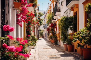 Fototapeta na wymiar Traditional Mediterranean style whitewashed houses and pink blooming bougainvillea in cozy alleway street