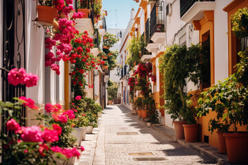 Fototapeta premium Traditional Mediterranean style whitewashed houses and pink blooming bougainvillea in cozy alleway street