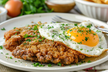 Country Fried Steak Topped with a Sunny-Side-Up Egg Garnished with Fresh Parsley