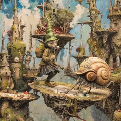 Fototapeta premium Fantasy Goblin Riding A Giant Snail In A Surreal Landscape