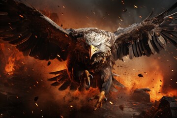 Eagle flying in the air with a burning background