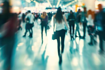 Blured Dynamic Scene of Business Professionals Networking at Busy Trade Fair