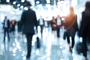 Blured Dynamic Scene of Business Professionals Networking at Busy Trade Fair