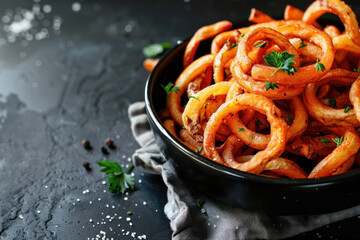 Spicy Curly Fries Garnished with Fresh Parsley in a Black Bowl