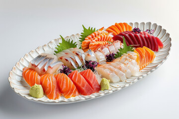 Assorted Sashimi Platter with Fresh Fish Slices and Wasabi