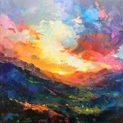 An impressionistic landscape painting of a mountain range at sunset