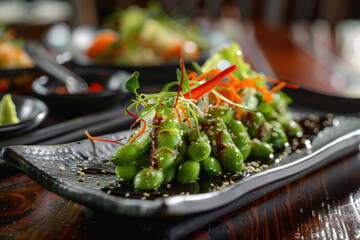 Seasoned Edamame with Sesame Seeds and Julienned Vegetables on a Black Plate