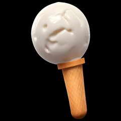 A single scoop of vanilla ice cream on a cone, with the ice cream making a sad face.