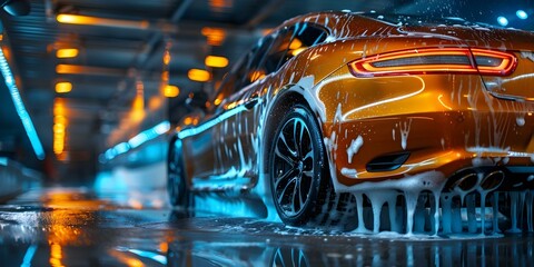 Detailed view of car being washed in a car wash. Concept Car Wash, Detailed Cleaning, Water Spray, Suds, Sparkling Finish