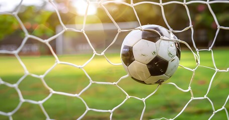 Soccer Ball Flying into Goal with Green Grass Background