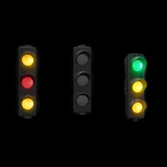 two traffic lights, one on the left and one on the right. Both have three lights, with the middle light turned on for the left traffic light and the bottom light turned on for the right traffic light.
