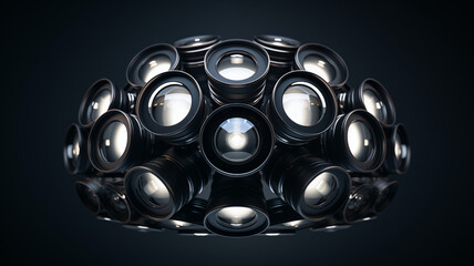 A circular orb of camera lenses in a photography background image