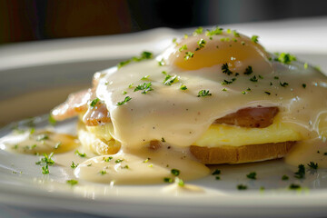 Eggs Benedict with Hollandaise Sauce Garnished with Fresh Herbs