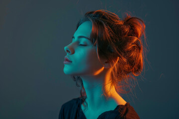 Fototapeta premium A close up of a woman's face with her eyes closed looking to a side