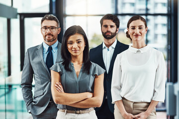 Portrait, diversity and business people in modern office, teamwork and cooperation for law firm. Face, group and employees for legal aid service, collaboration and attorney with pride and about us