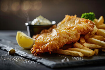 Classic Fish and Chips with Tartar Sauce and Lemon Wedge on a Slate Plate