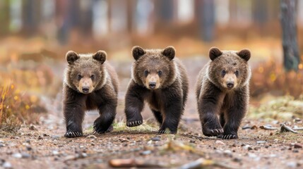 Cute Bears. Three Funny Brown Bear Cubs Walking in Finnish Taiga Woods