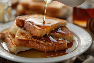 Golden French Toast Drizzled with Maple Syrup on a White Plate